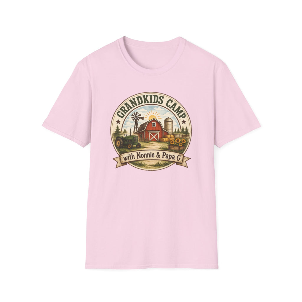 Grandkids Camp T-Shirt – Retro Barn, Tractor & 'Grandkids Camp with Nonnie & Papa' Design