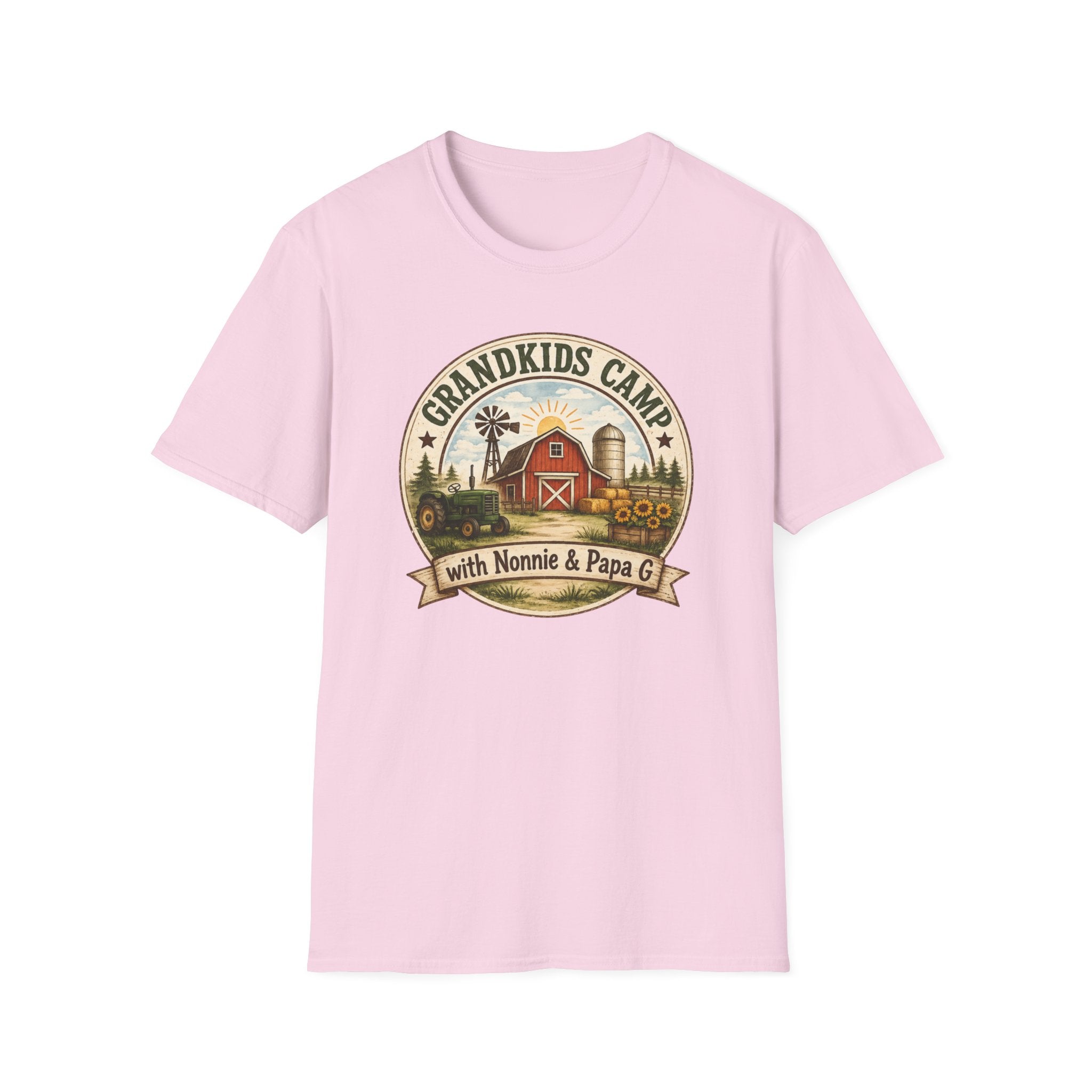 Grandkids Camp T-Shirt – Retro Barn, Tractor & 'Grandkids Camp with Nonnie & Papa' Design