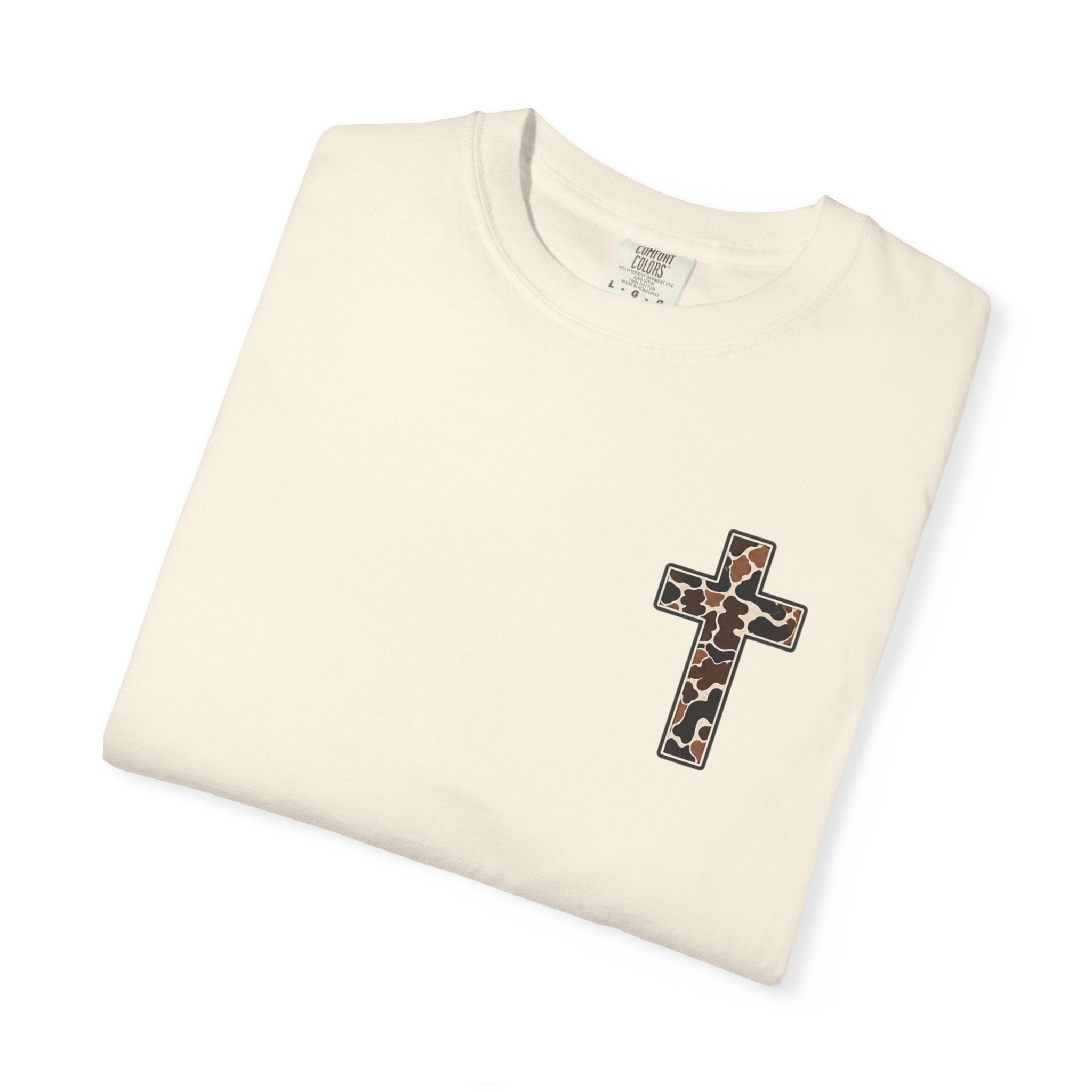 Christian Cross T‑Shirt — "I Can Do All Things Through Christ" Camouflage Design