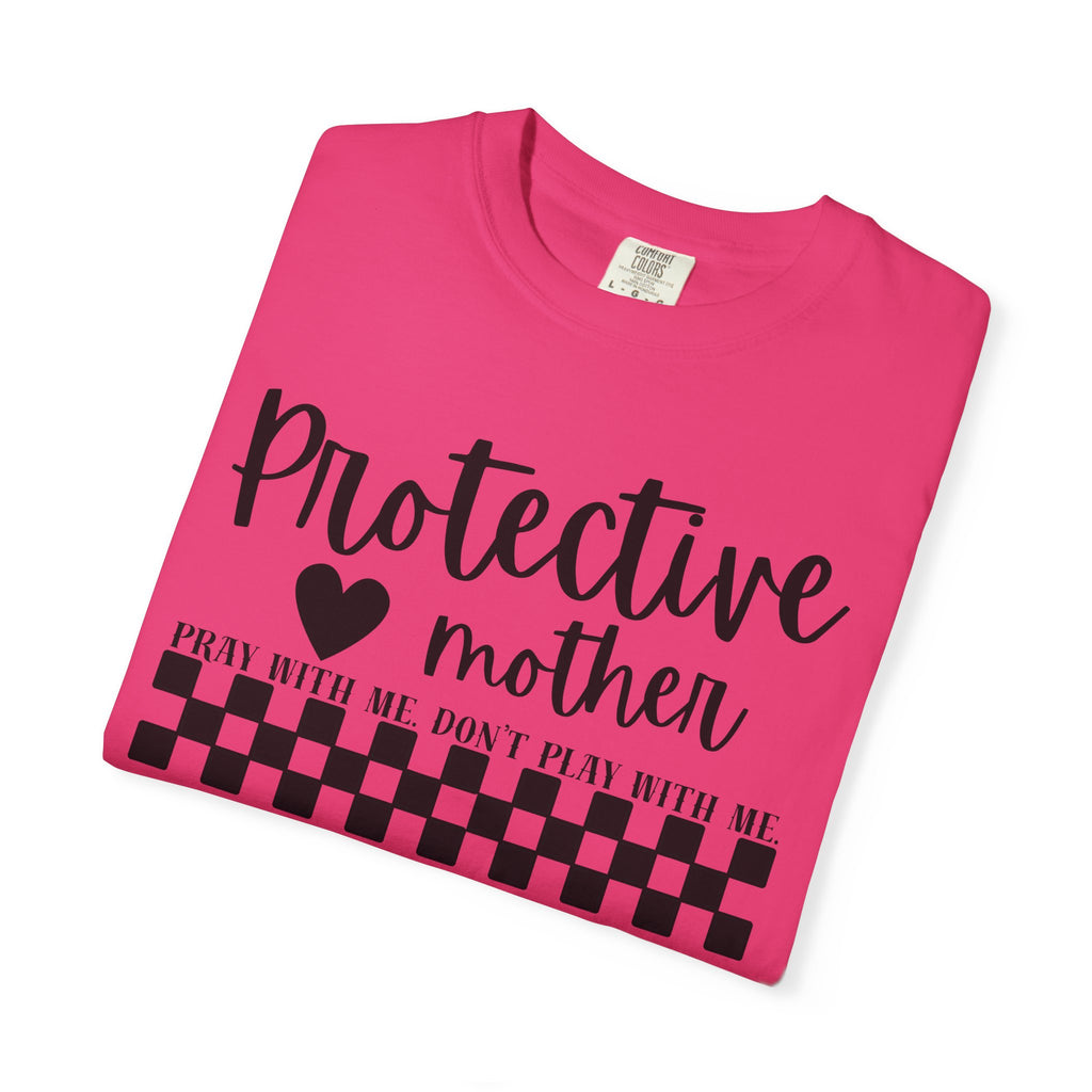 Protective Mother T-Shirt — “Protective Mother” Script Tee with Checkerboard Accent