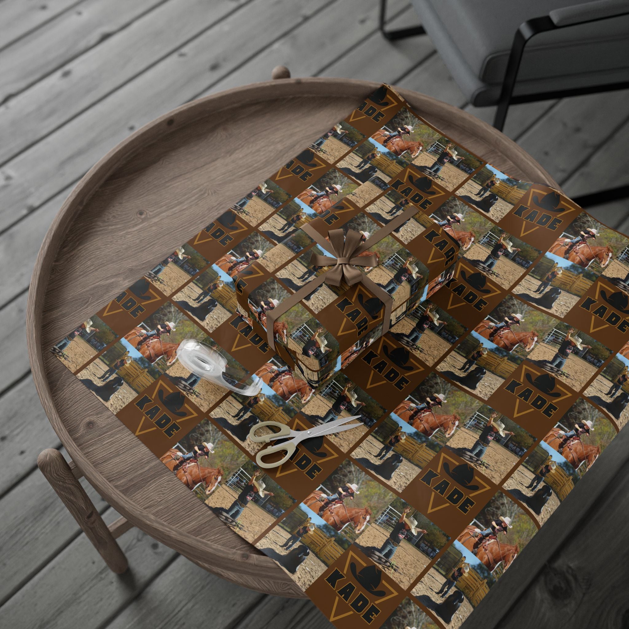 KADE——-Western Rodeo Photo Collage Wrapping Paper Roll — Brown Cowboy Theme Gift Wrap