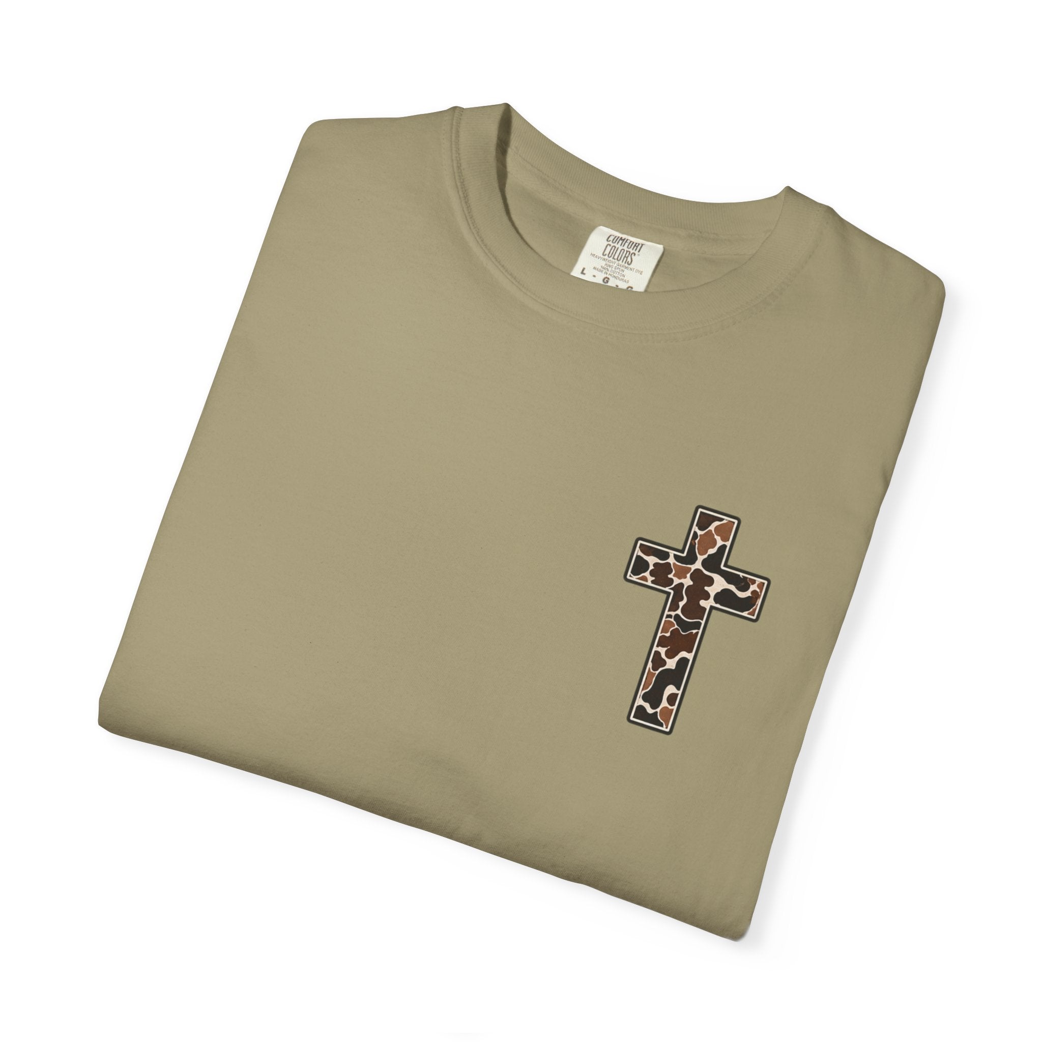 Christian Cross T‑Shirt — "I Can Do All Things Through Christ" Camouflage Design