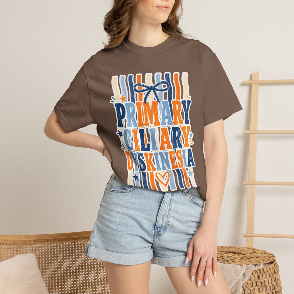 Primary Ciliary Dyskinesia Awareness T-Shirt — Orange & Blue Ribbon Design