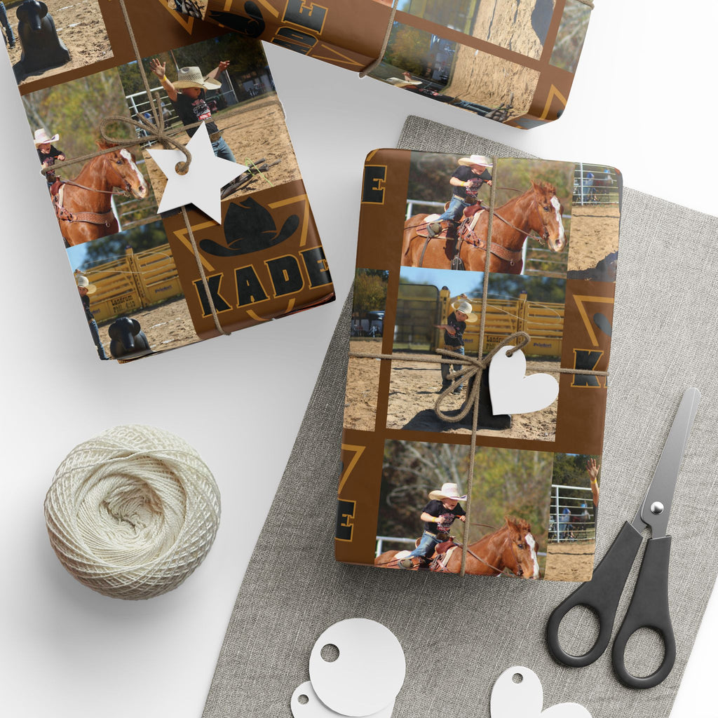 KADE——-Western Rodeo Photo Collage Wrapping Paper Roll — Brown Cowboy Theme Gift Wrap