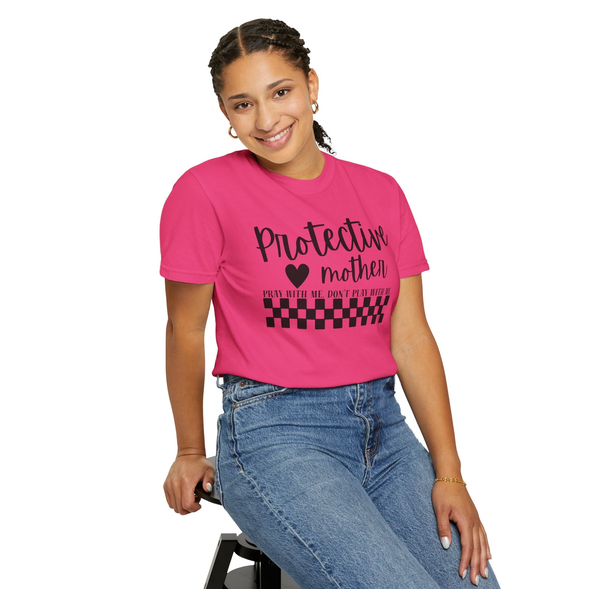 Protective Mother T-Shirt — “Protective Mother” Script Tee with Checkerboard Accent