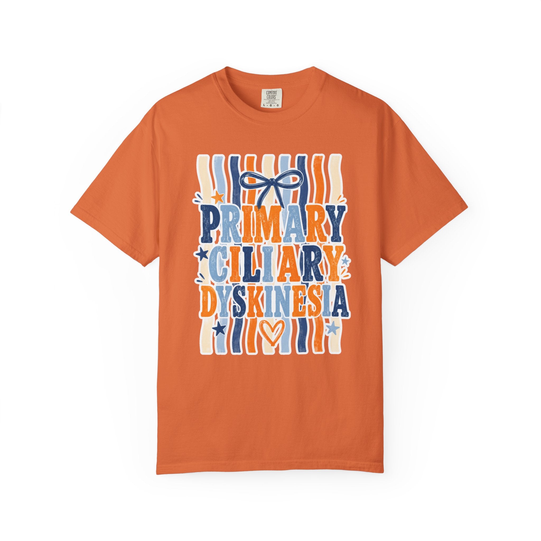 Primary Ciliary Dyskinesia Awareness T-Shirt — Orange & Blue Ribbon Design
