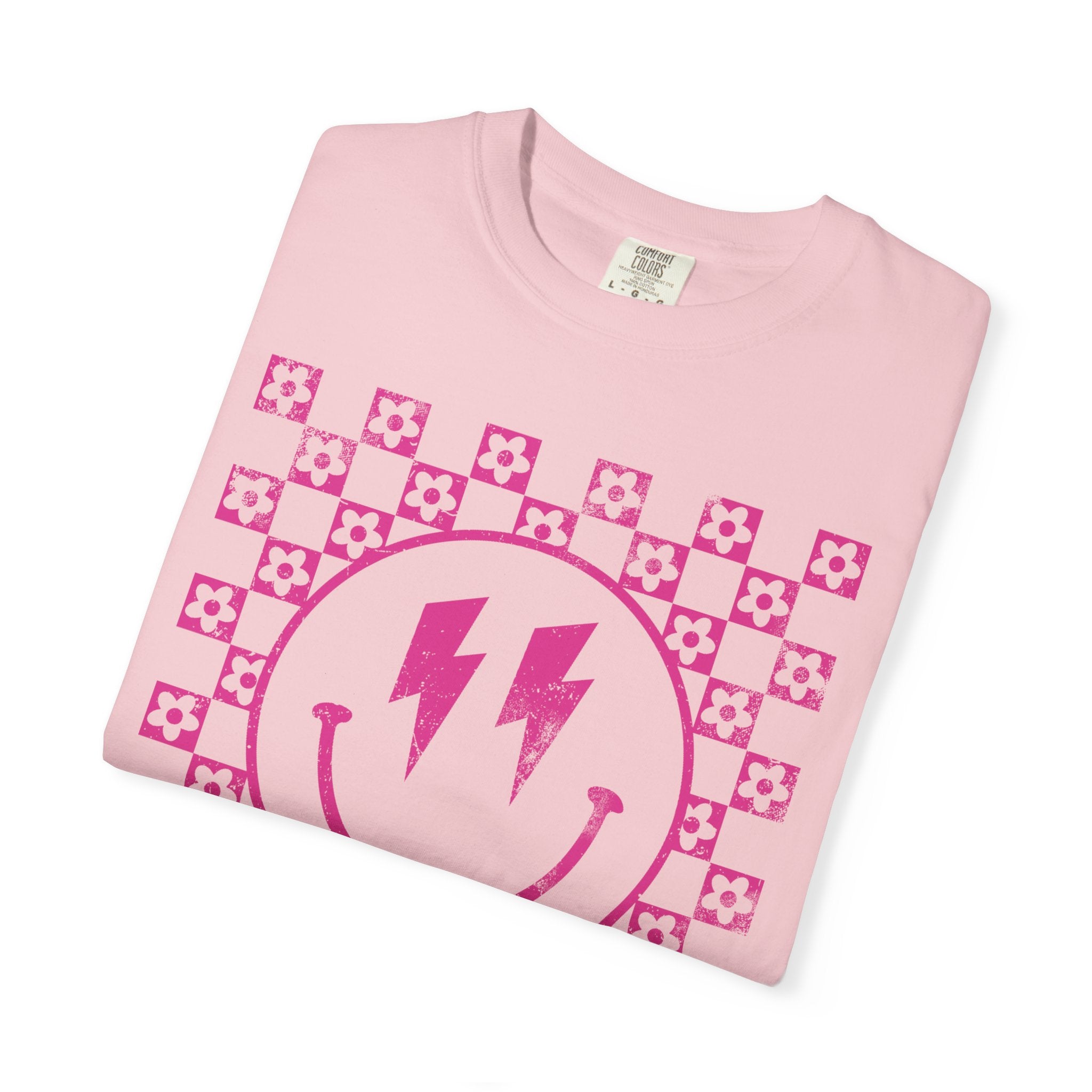 Pink Lightning Smile Tee - Retro Checkerboard Graphic T-Shirt