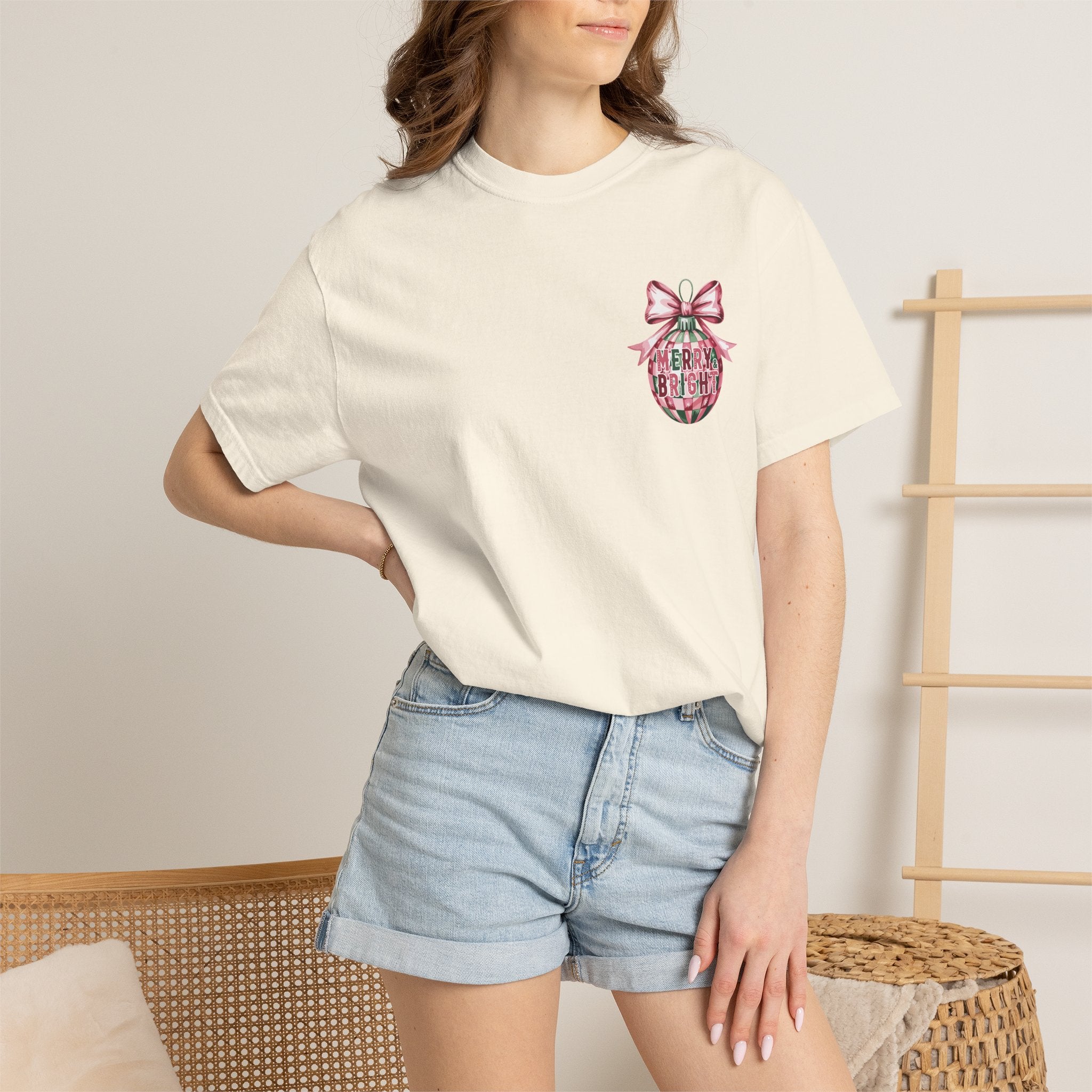 Holiday Patchwork Tee - "Merry & Bright" Graphic T-Shirt