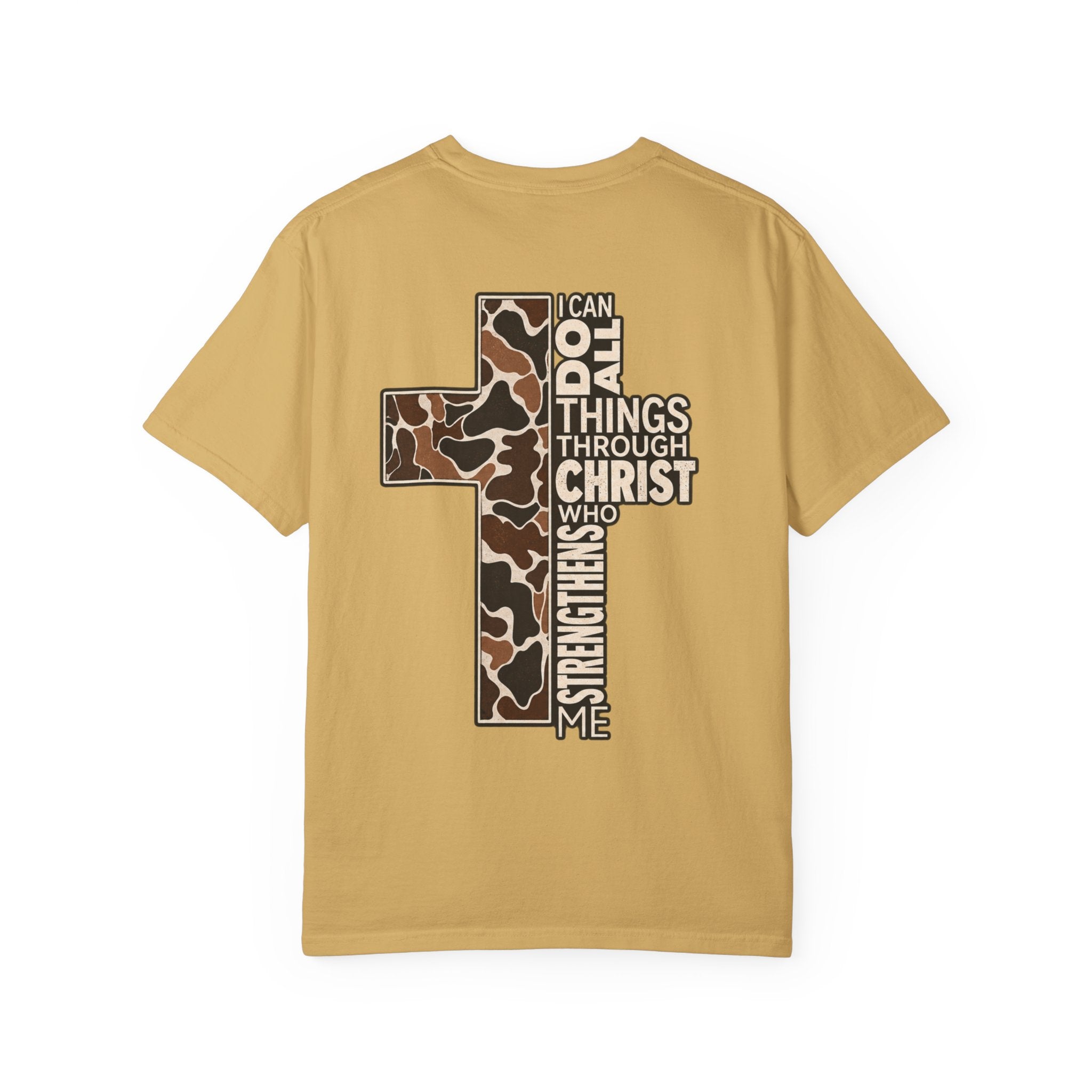 Christian Cross T‑Shirt — "I Can Do All Things Through Christ" Camouflage Design