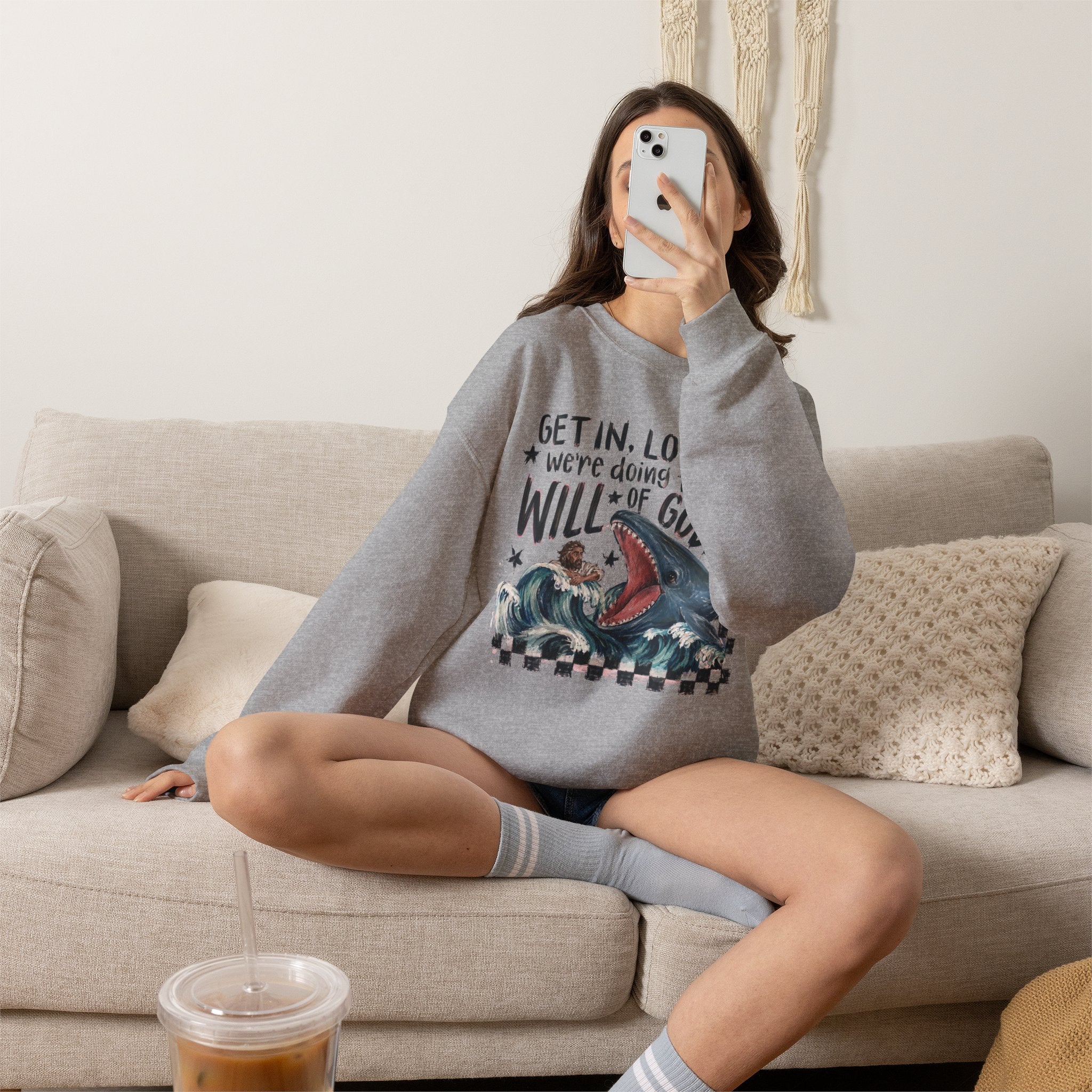 Christian Crewneck Sweatshirt — “Get in, Loser, We’re Doing the Will of God” Graphic