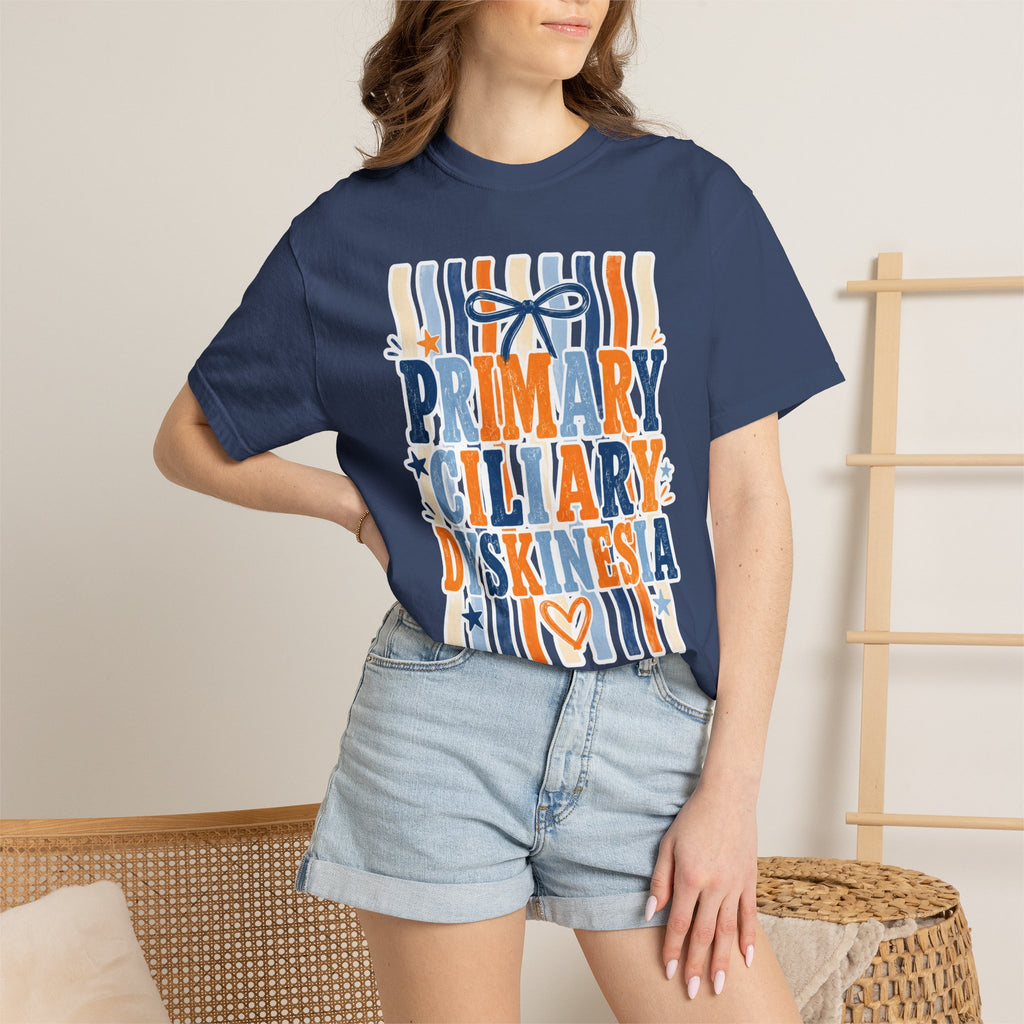 Primary Ciliary Dyskinesia Awareness T-Shirt — Orange & Blue Ribbon Design