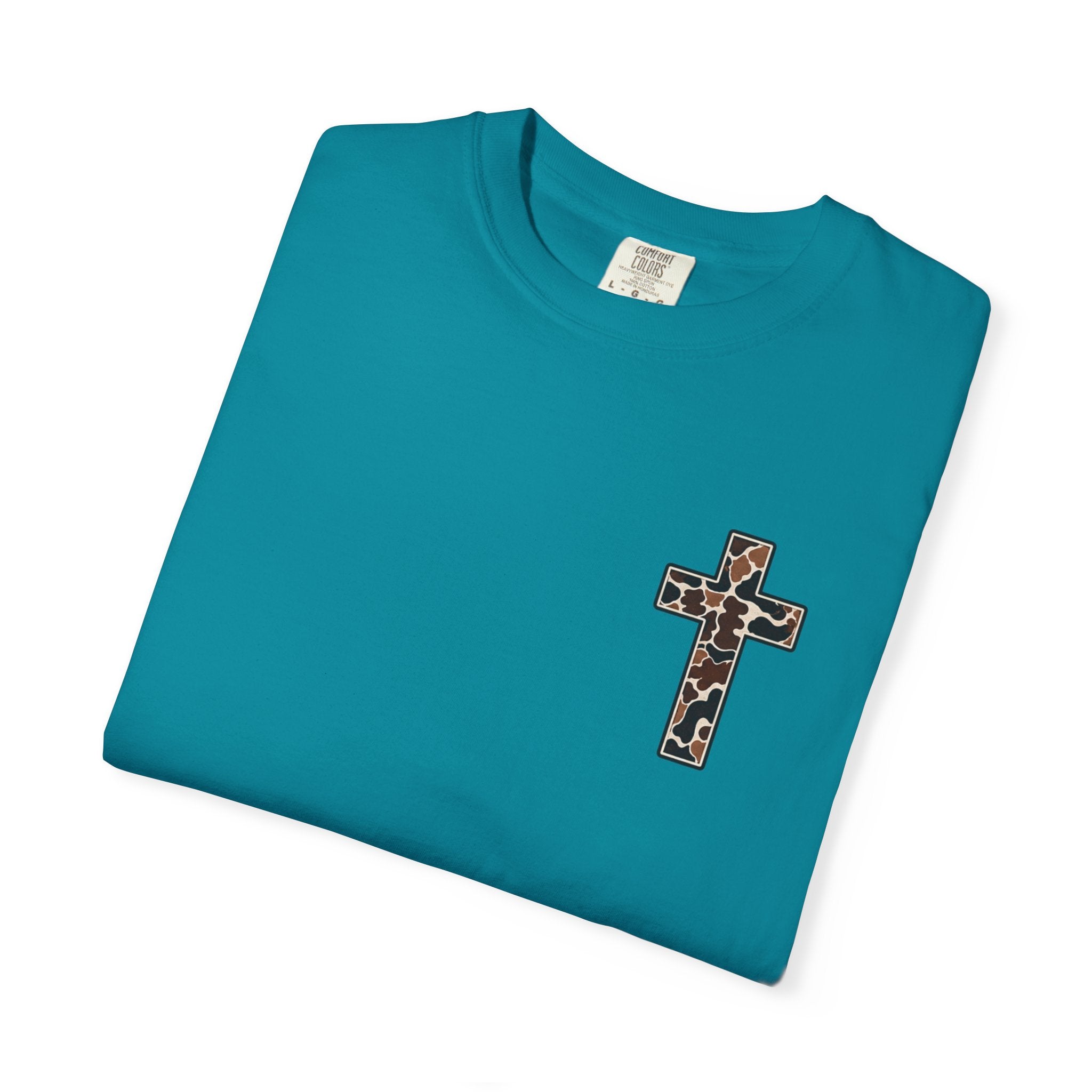 Christian Cross T‑Shirt — "I Can Do All Things Through Christ" Camouflage Design