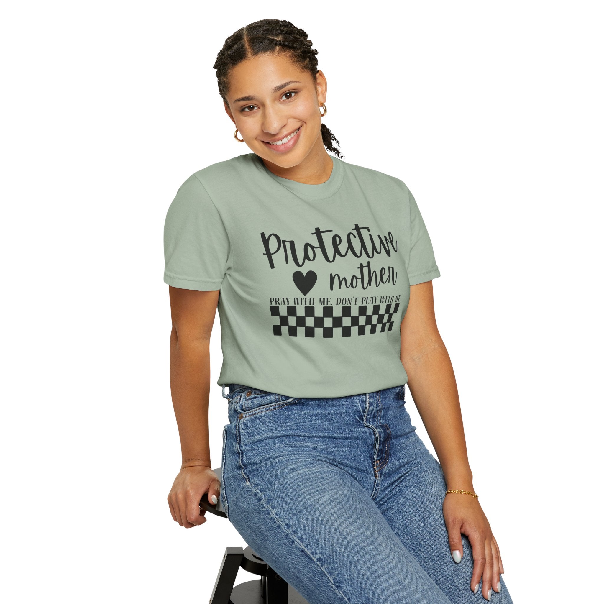 Protective Mother T-Shirt — “Protective Mother” Script Tee with Checkerboard Accent