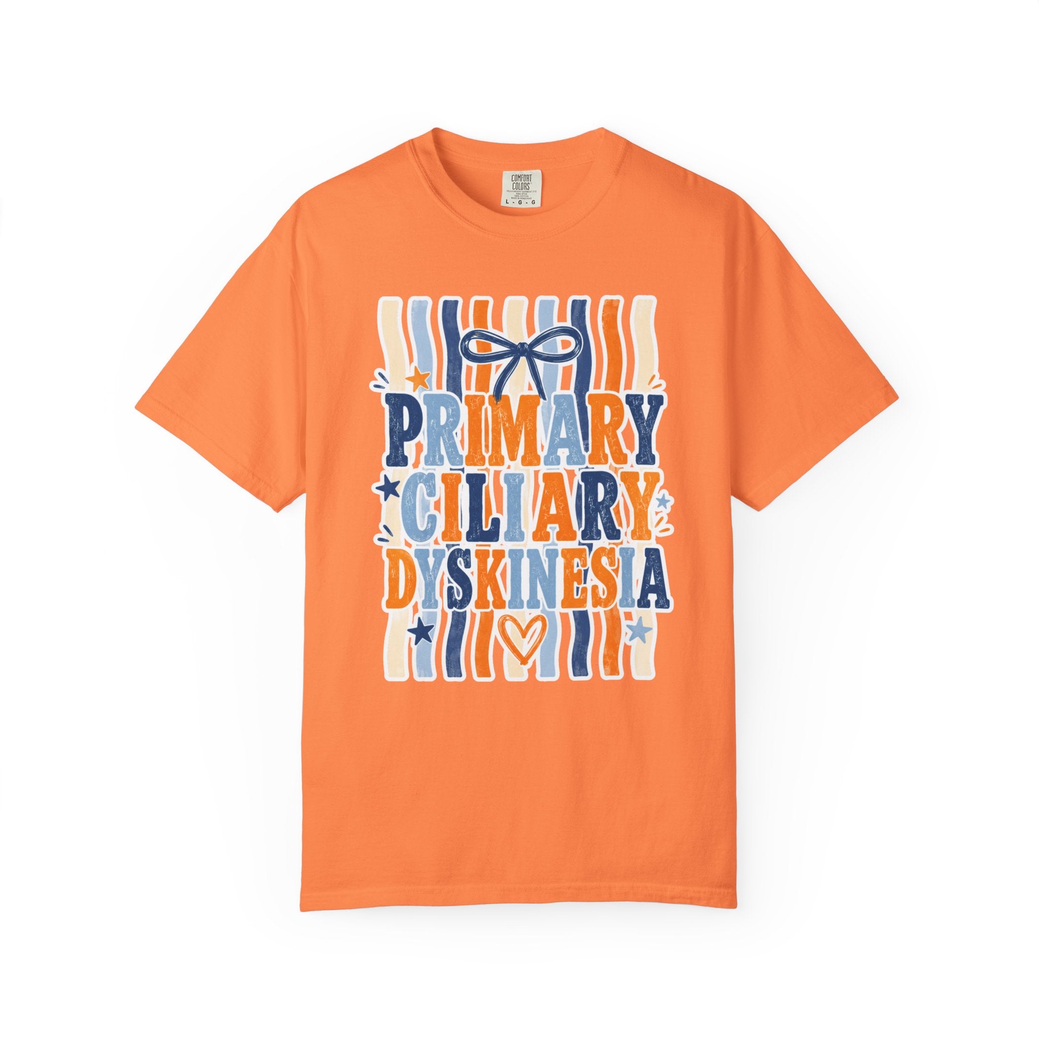 Primary Ciliary Dyskinesia Awareness T-Shirt — Orange & Blue Ribbon Design
