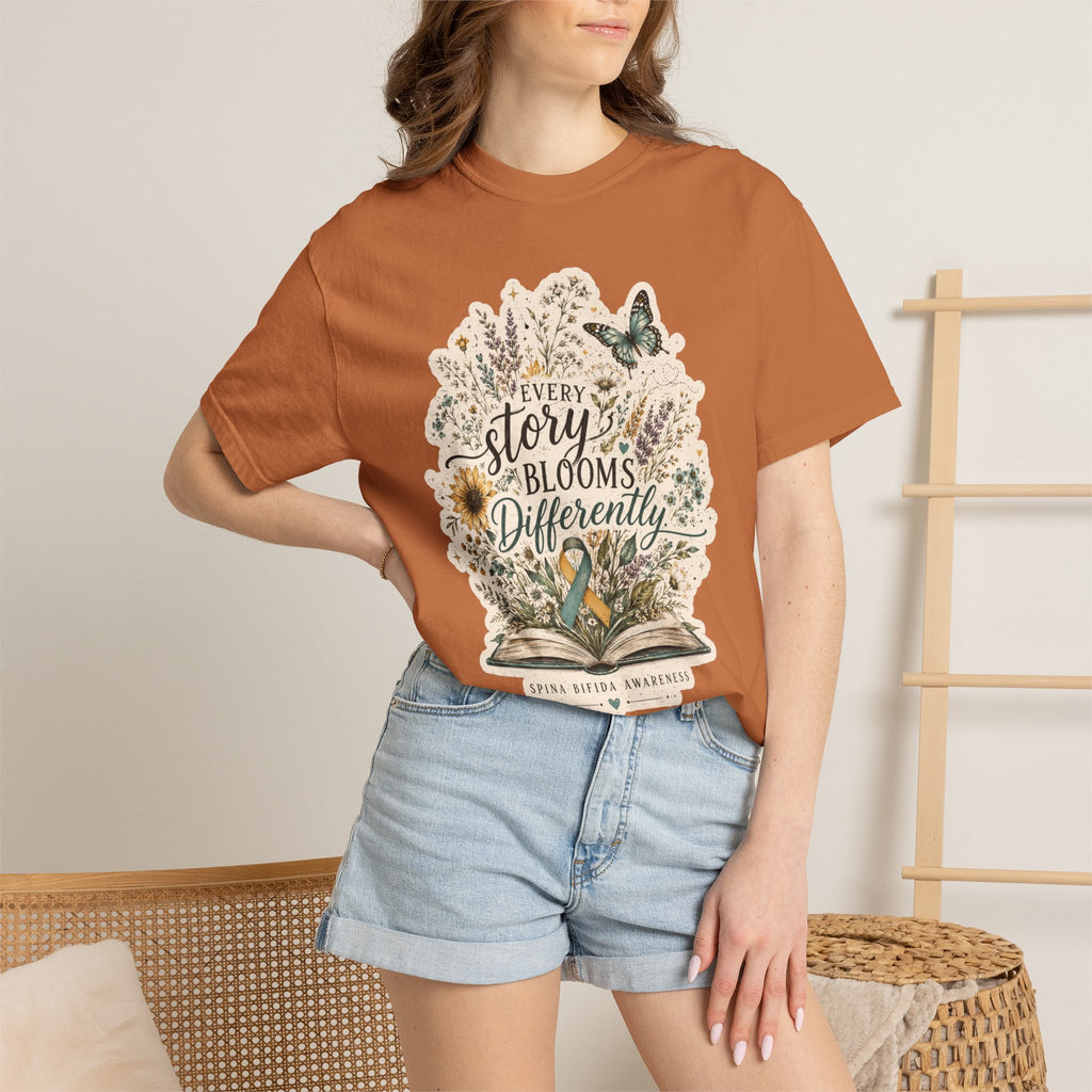 Every Story Blooms Differently T-Shirt — Spina Bifida Awareness
