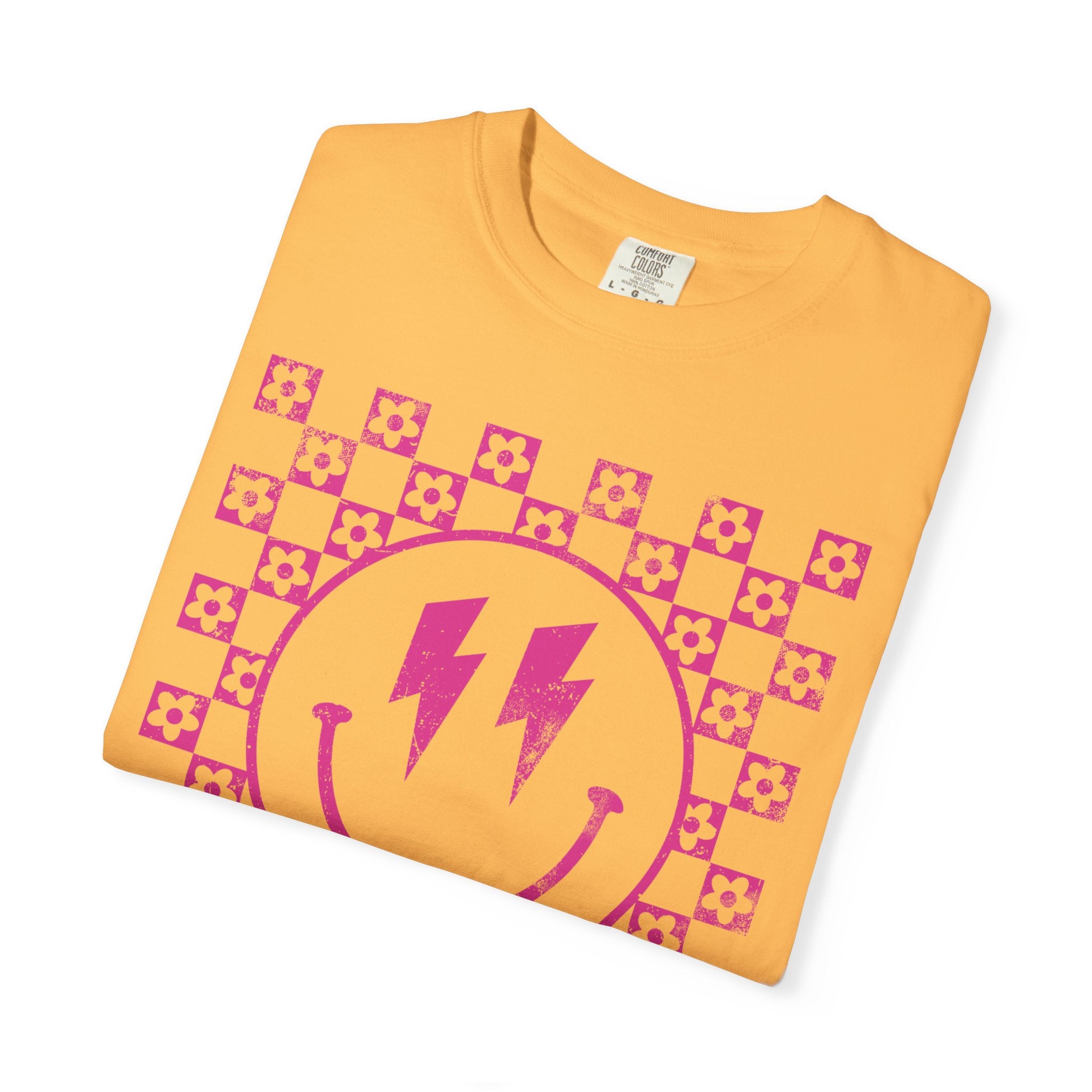 Pink Lightning Smile Tee - Retro Checkerboard Graphic T-Shirt