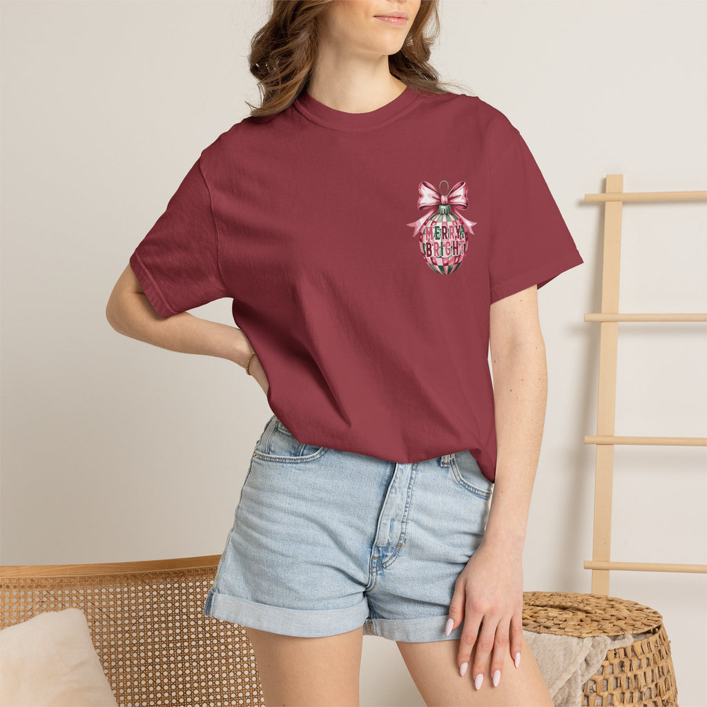 Holiday Patchwork Tee - "Merry & Bright" Graphic T-Shirt