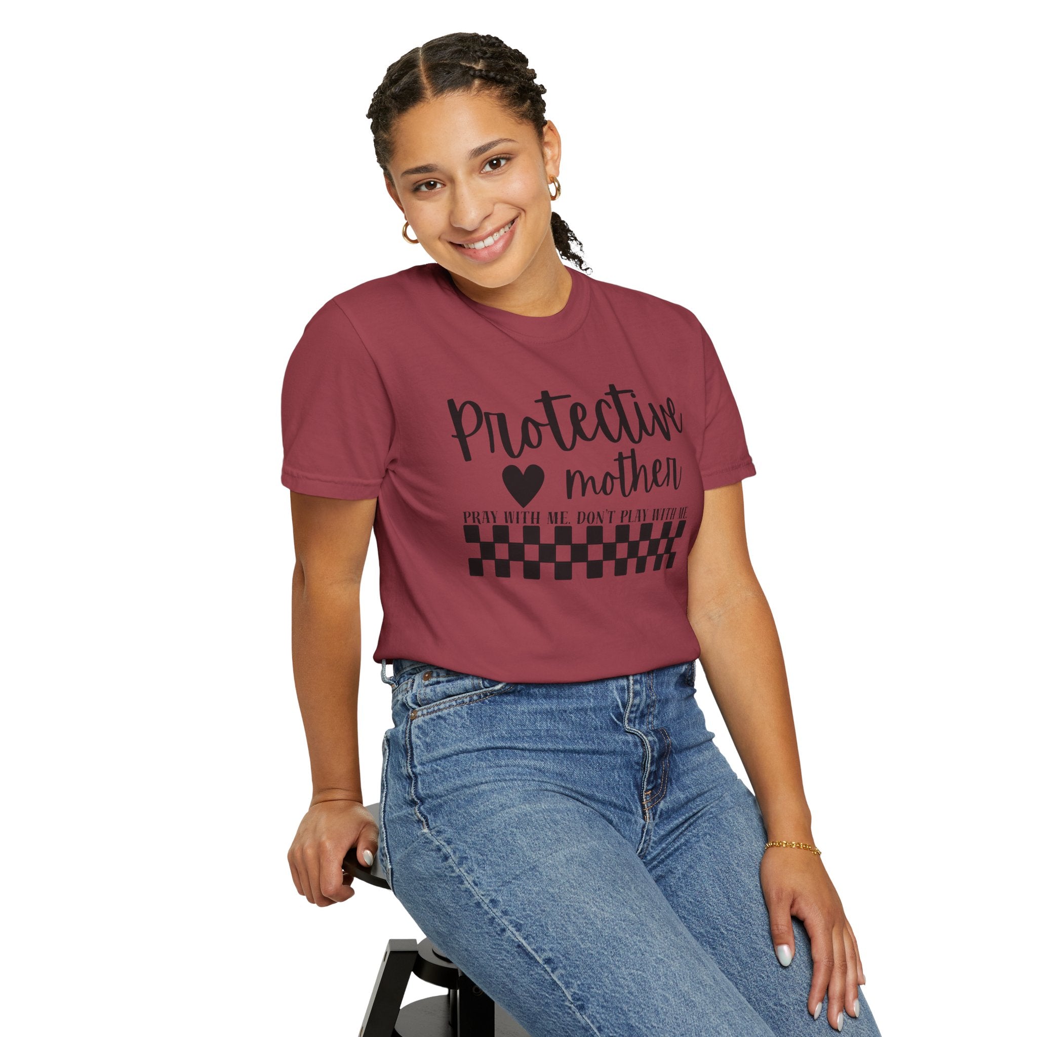 Protective Mother T-Shirt — “Protective Mother” Script Tee with Checkerboard Accent