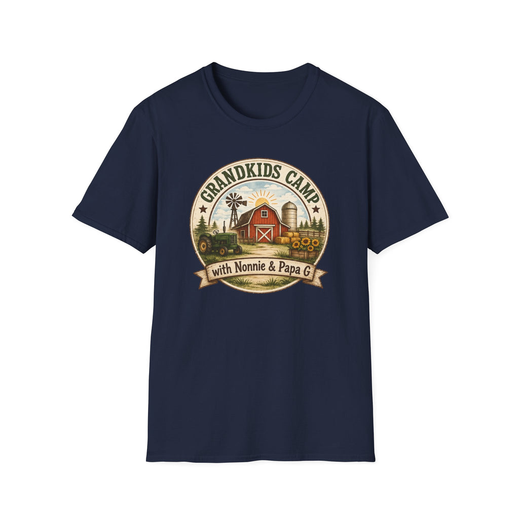 Grandkids Camp T-Shirt – Retro Barn, Tractor & 'Grandkids Camp with Nonnie & Papa' Design