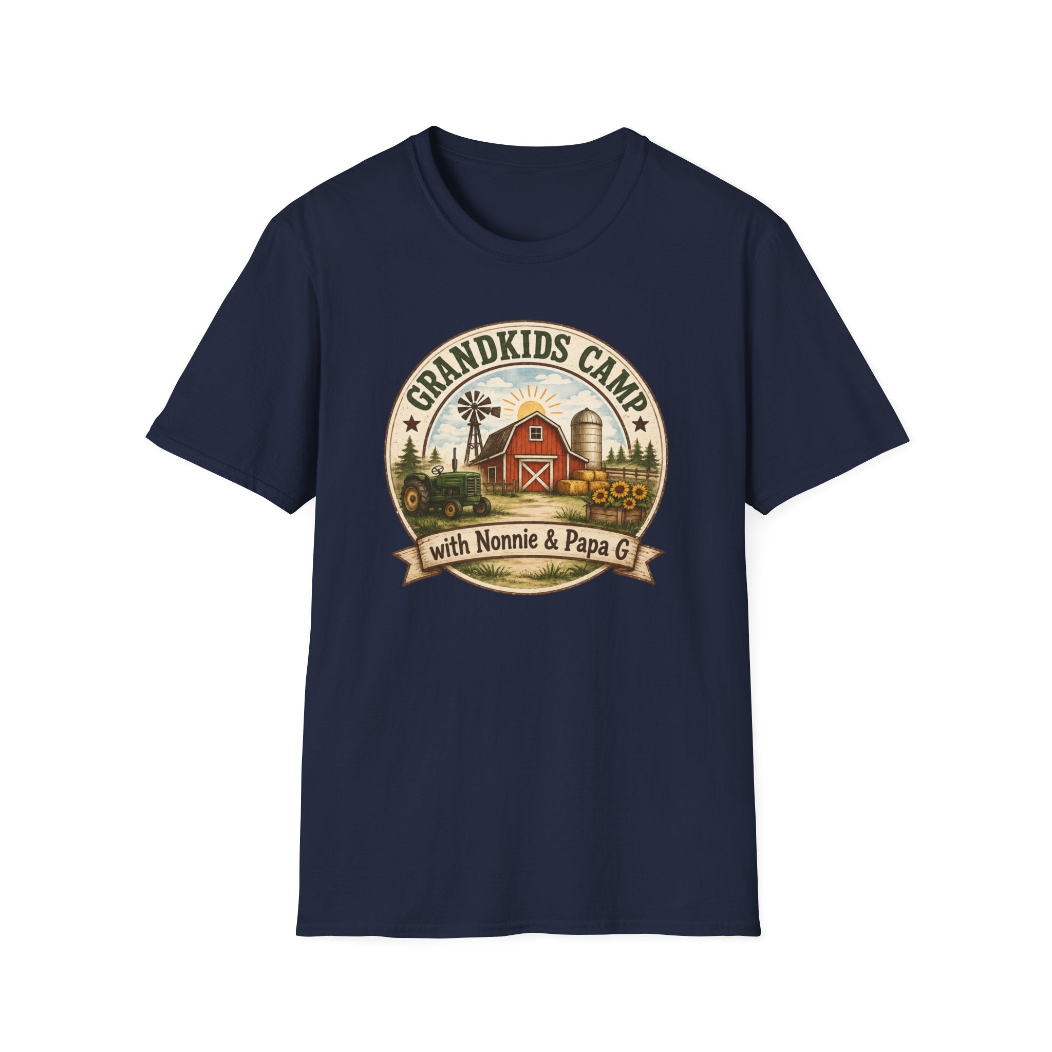 Grandkids Camp T-Shirt – Retro Barn, Tractor & 'Grandkids Camp with Nonnie & Papa' Design
