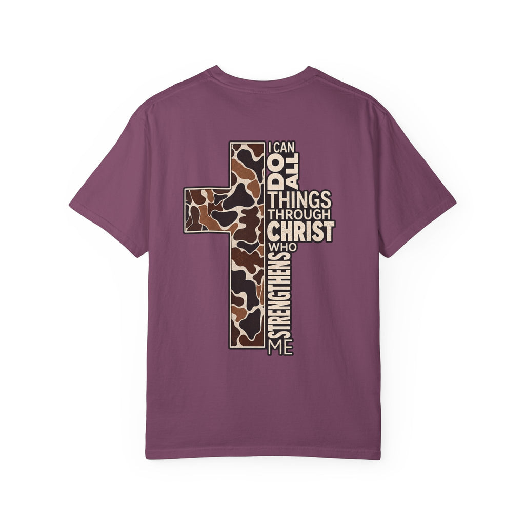 Christian Cross T‑Shirt — "I Can Do All Things Through Christ" Camouflage Design
