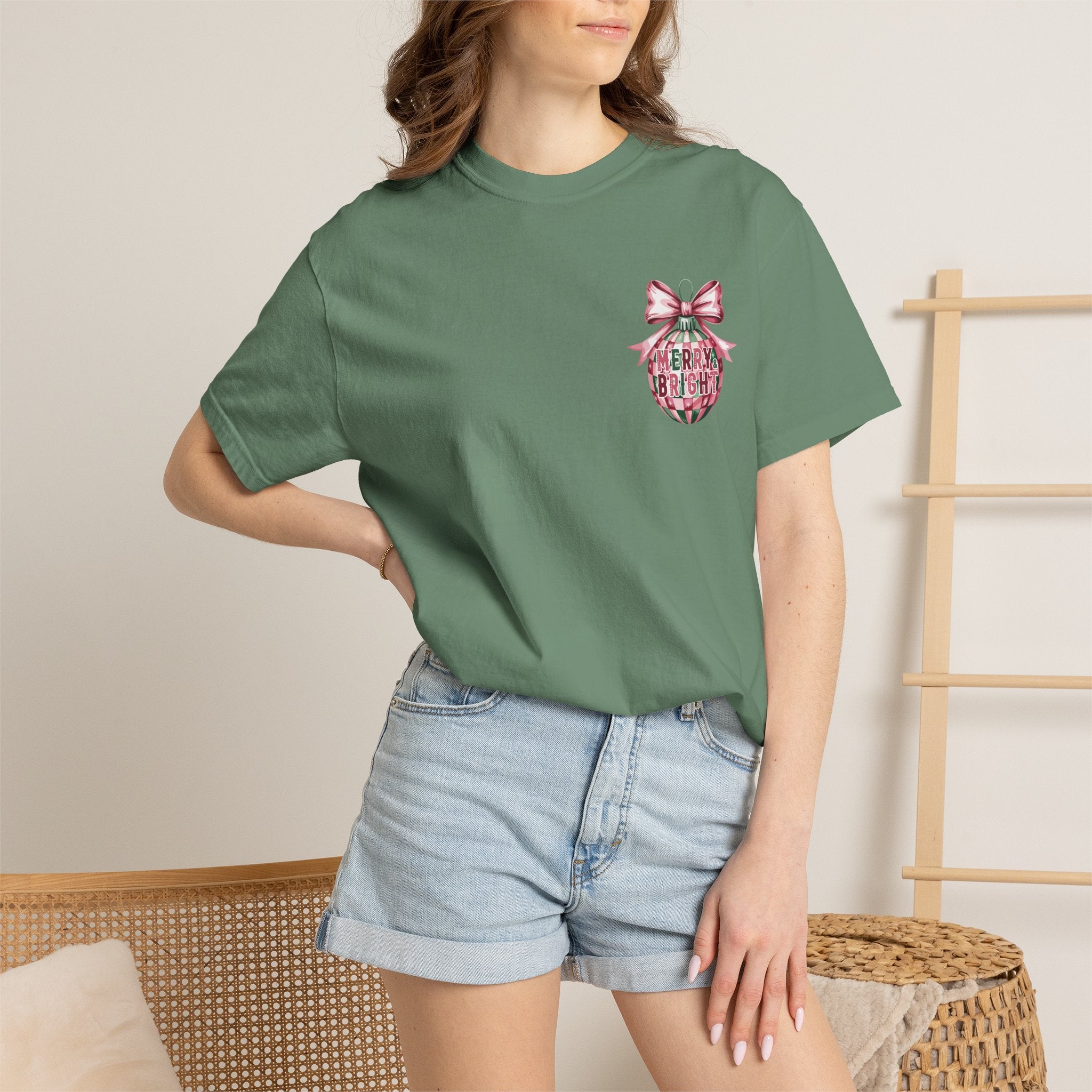 Holiday Patchwork Tee - "Merry & Bright" Graphic T-Shirt