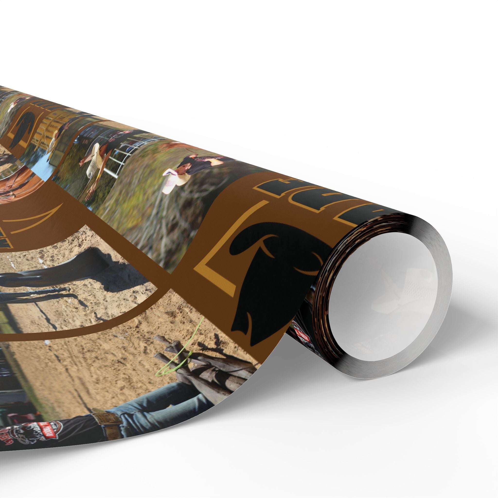 KADE——-Western Rodeo Photo Collage Wrapping Paper Roll — Brown Cowboy Theme Gift Wrap