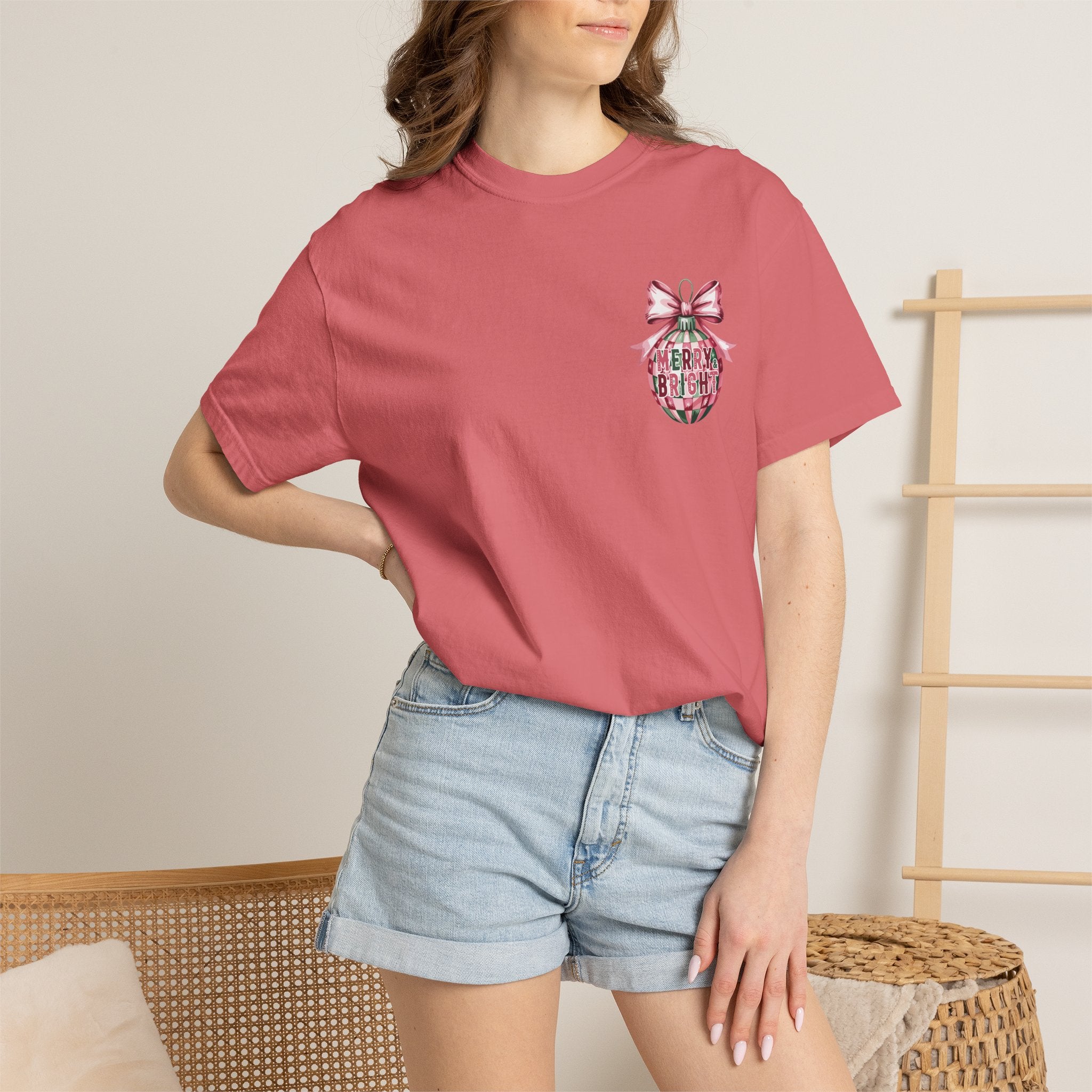 Holiday Patchwork Tee - "Merry & Bright" Graphic T-Shirt