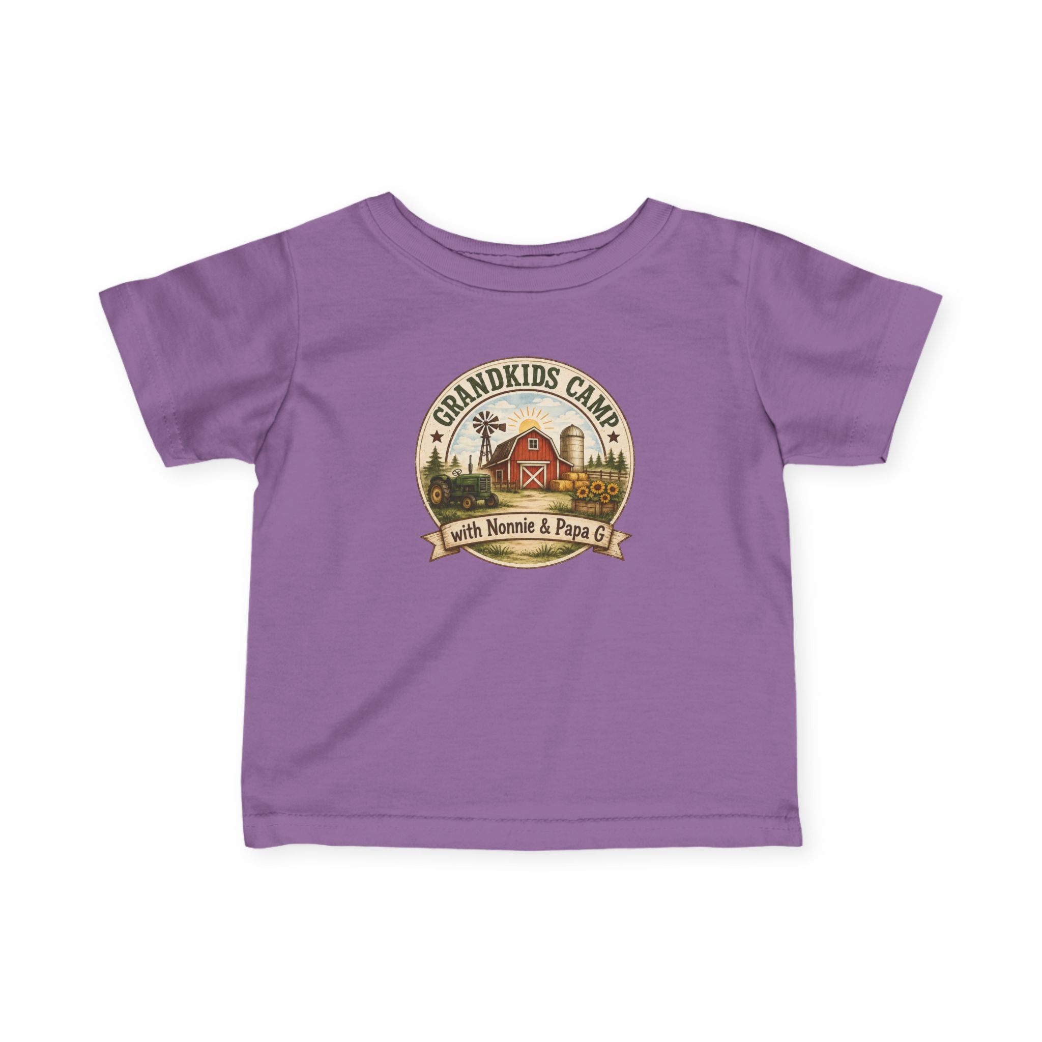 Infant Tee — “Grandkids Camp with Nonnie & Papa” Baby Shirt (Exploring, Laughing, Playing, Growing)