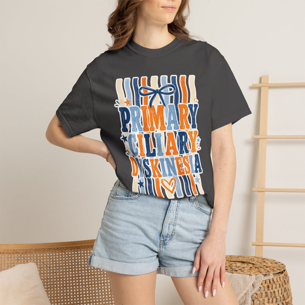 Primary Ciliary Dyskinesia Awareness T-Shirt — Orange & Blue Ribbon Design