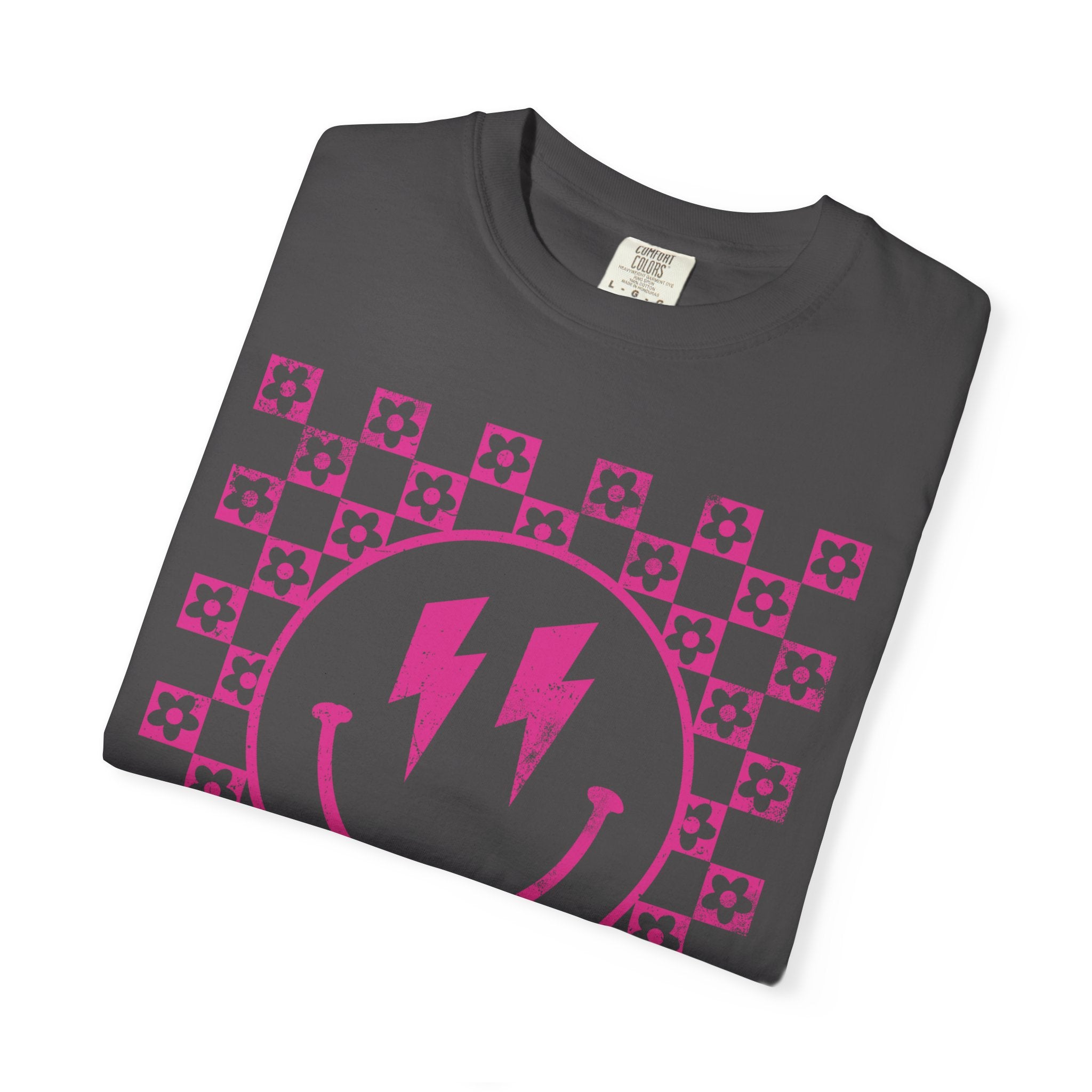Pink Lightning Smile Tee - Retro Checkerboard Graphic T-Shirt