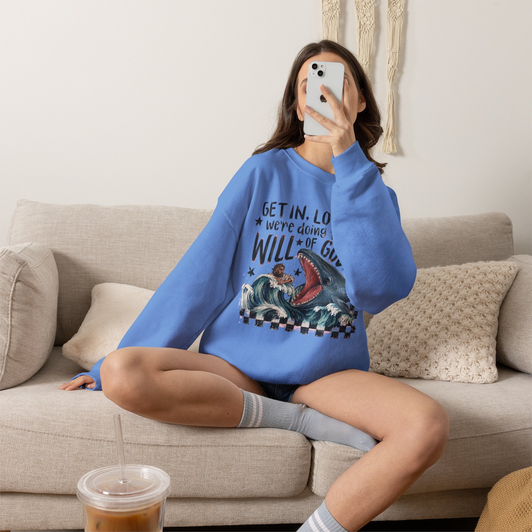 Christian Crewneck Sweatshirt — “Get in, Loser, We’re Doing the Will of God” Graphic