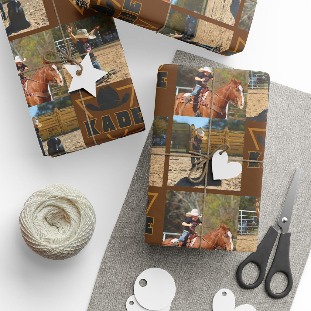 KADE——-Western Rodeo Photo Collage Wrapping Paper Roll — Brown Cowboy Theme Gift Wrap