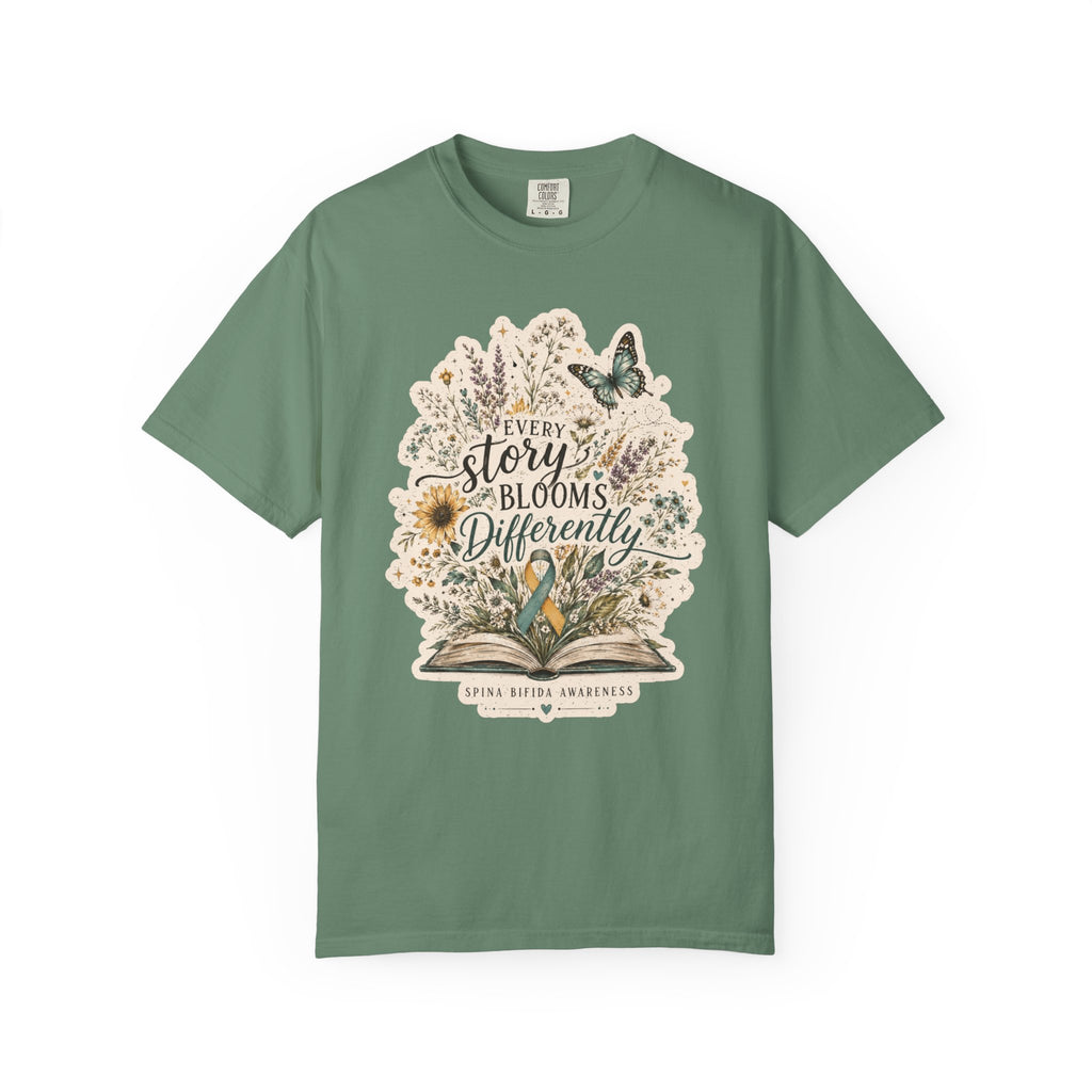 Every Story Blooms Differently T-Shirt — Spina Bifida Awareness