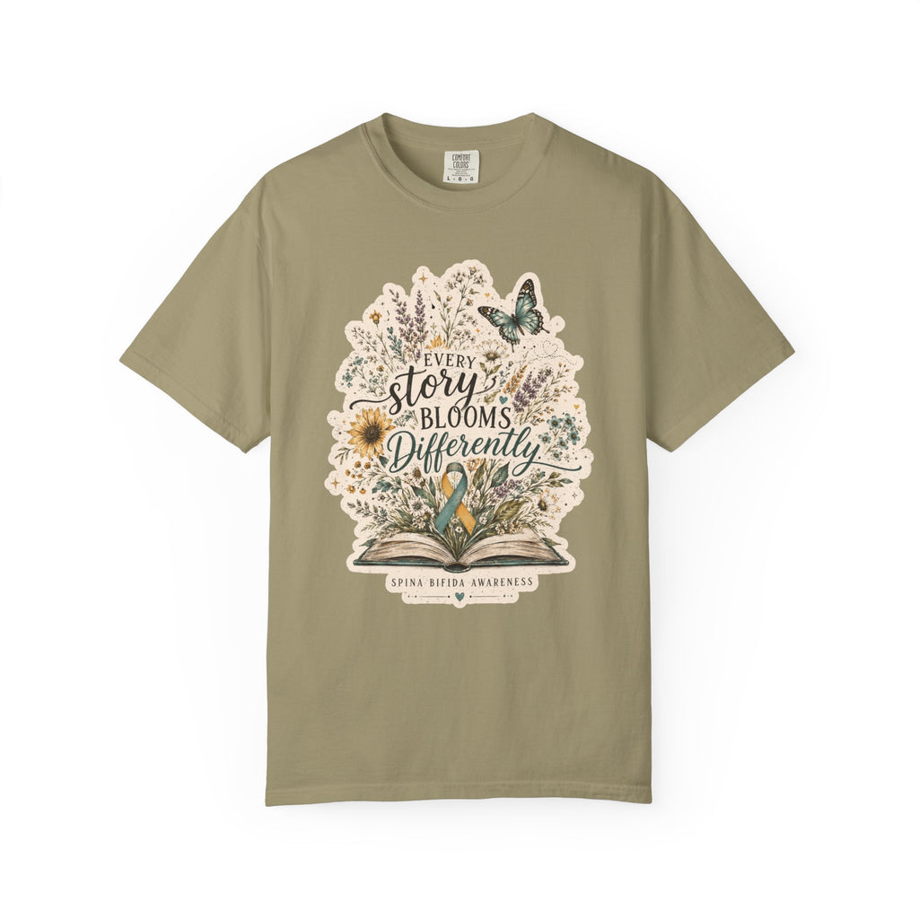 Every Story Blooms Differently T-Shirt — Spina Bifida Awareness