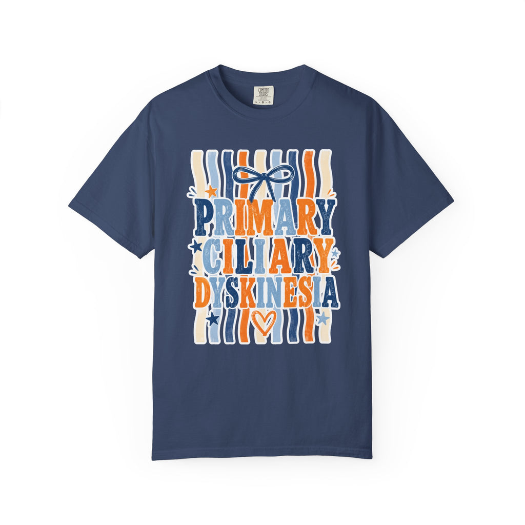 Primary Ciliary Dyskinesia Awareness T-Shirt — Orange & Blue Ribbon Design
