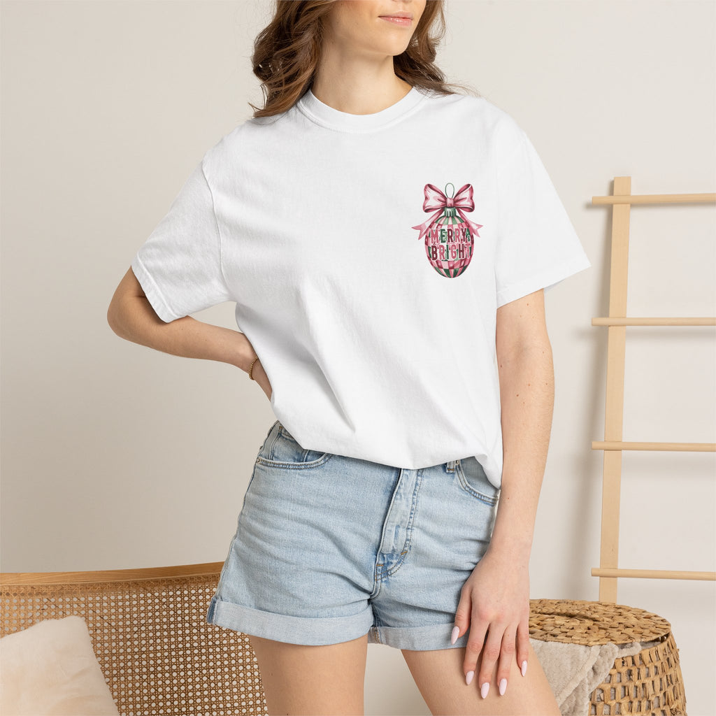 Holiday Patchwork Tee - "Merry & Bright" Graphic T-Shirt