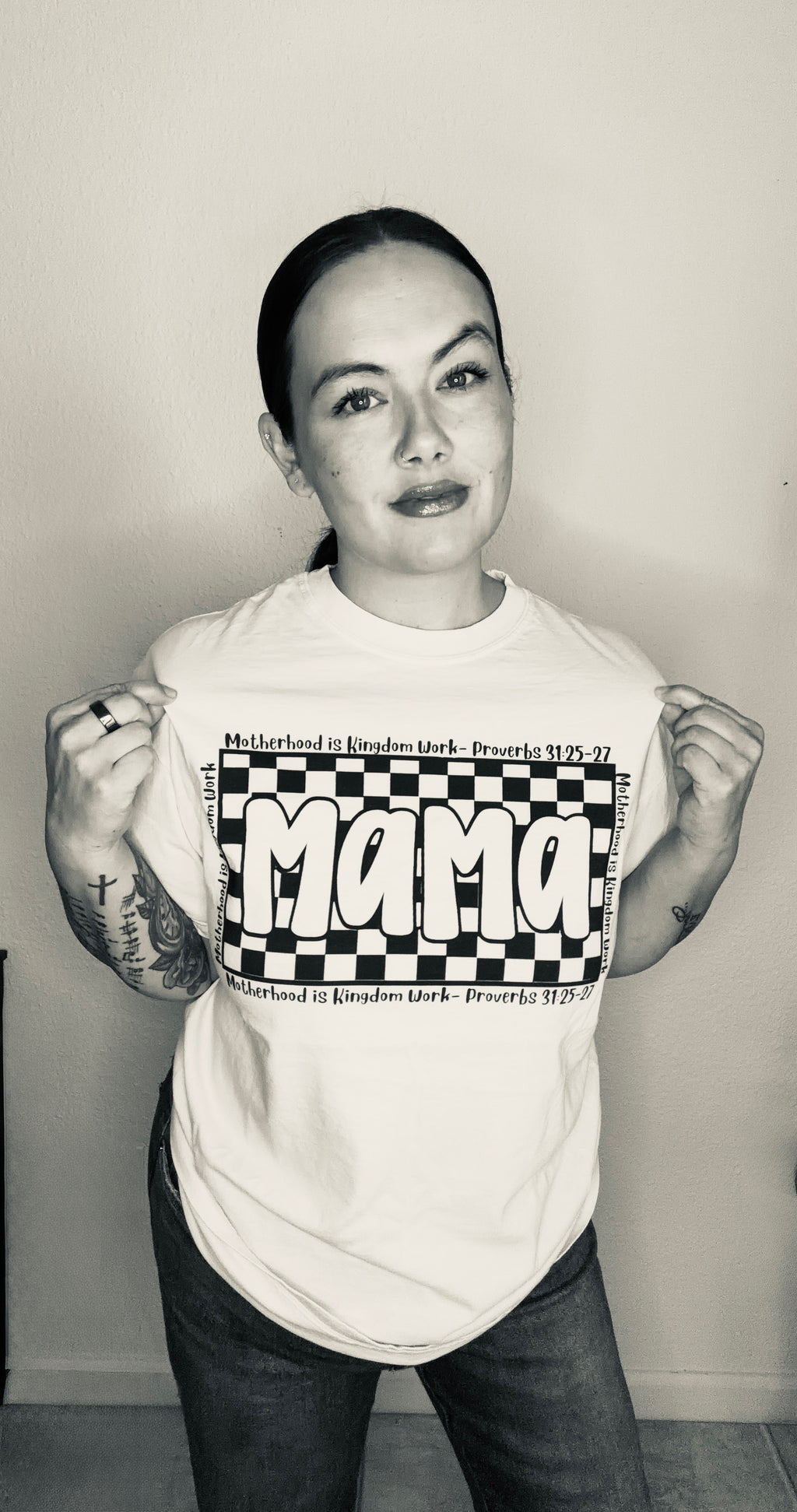 Mama Checkerboard T-Shirt — Retro Black & White Graphic Tee for Moms